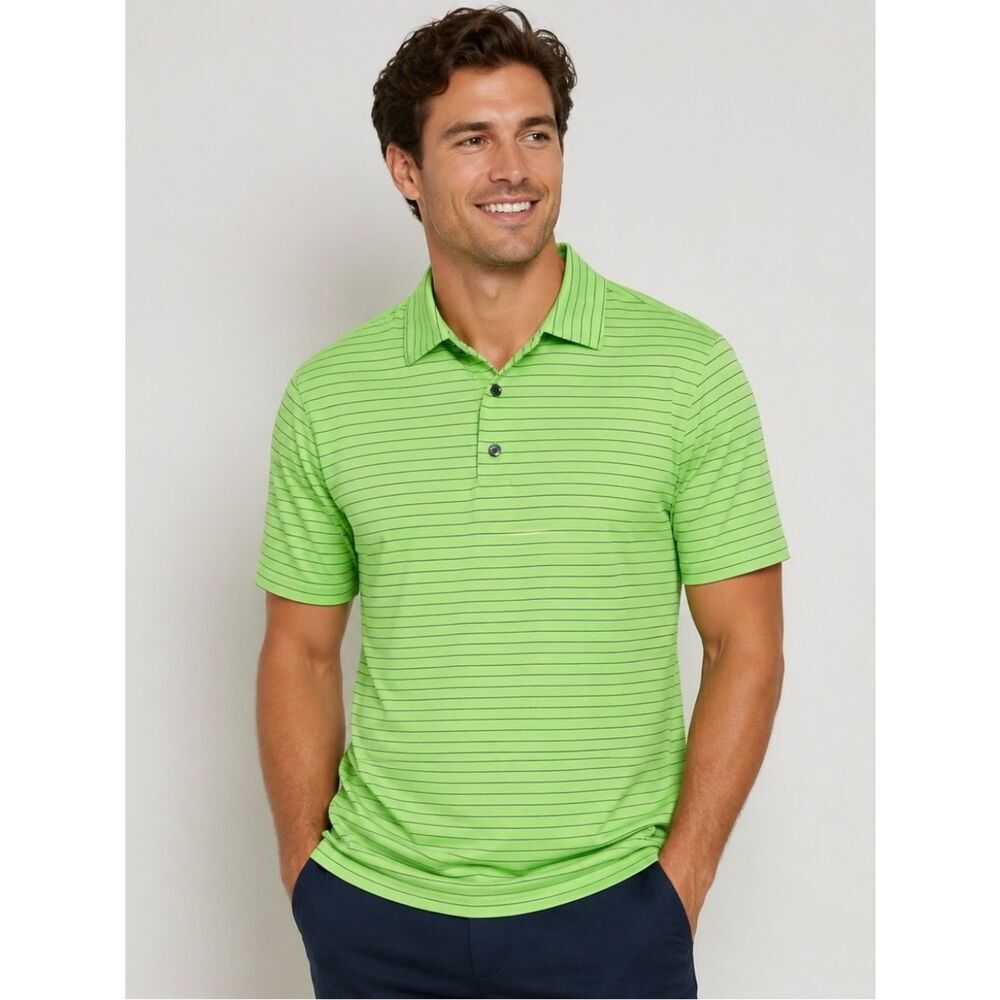 FootJoy FJ Men’s Green Striped Golf Polo Shirt Performance Stretch Size L